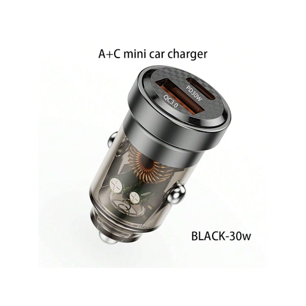 Transparent Design Billaddare, Aluminiumlegeringskropp Med Typ C Och Usb-A Portar, Qc3.0 Snabbladdande Bil Cigarett Tändare Black