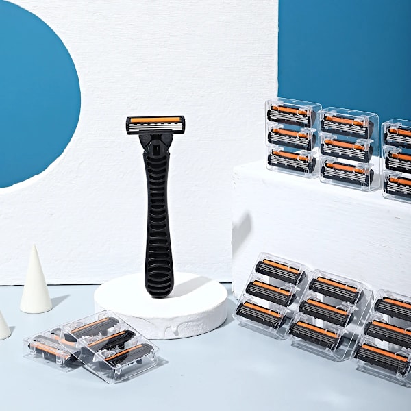 1 rakhyvel + 20-30 st extra påfyllningspatroner 3 blad män rakkniv grå färg Manuell rakapparat för män Barberrakning 24 Extra Refill