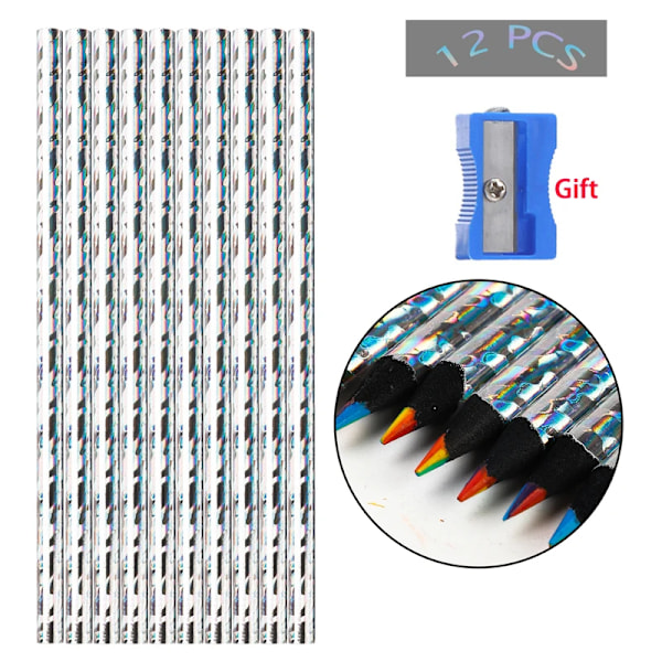 12St/Set Kawaii Regnbåge Pencil 7 Färger Koncentrisk Gradient Kritor Barn Gåva Färgade Pennor Konst Pa. Att Teckna Papperskort 12pcs-laser silver