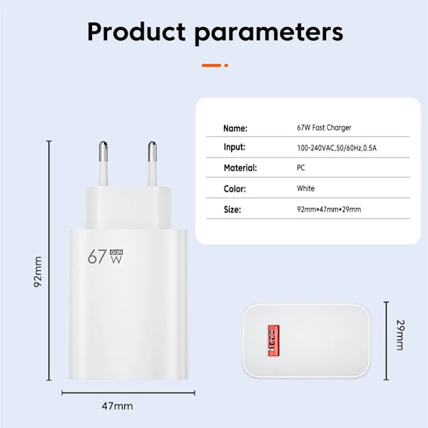 USB-laddare Totalt 67W GaN Snabbladdning Mobiltelefon USB Snabbladdare QC3.0 För iPhone15 Samsung Xiaomi Redmi EU Plug