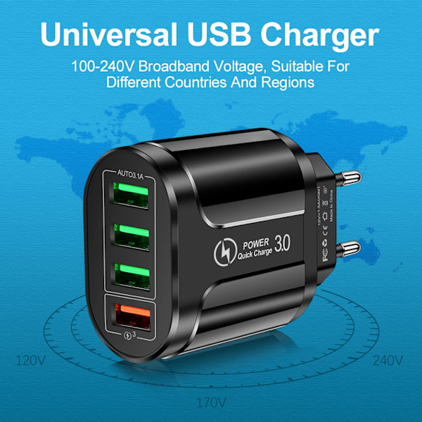 4 45W Laddare Snabbladdning QC 3.0 Laddning För iPhone 15 14 Samsung Xiaomi Mobil 4 Portar EU US Adapter Resa EU Charger