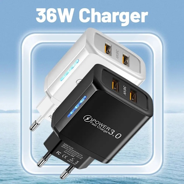 2 Portar 36W USB Mobiltelefonladdare Quick 3.0 Snabbladdning För iPhone Xiaomi Samsung Huawei EU White