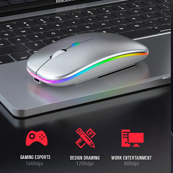 Trådlös mus Bluetooth-kompatibel 2,4 GHz 1600 DPI USB uppladdningsbar RGB-ljus bärbar mus för bärbar dator PC Macbook-spel 2.4G BT Silver