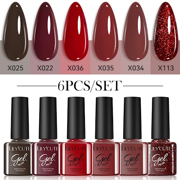 LILYCUTE 6 st/set 7ml Kaffeserie Gel Nagellack Kit 125 Färger Manikyr Semi Permanent Soak Off UV Nagelkonst Gel Lack 6Pcs 07