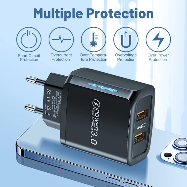 2 USB Laddare 36W Snabbladdning Dubbel USB Quick Charge 3.0 för Samsung Xiaomi 14 HUAWEI OPPO Oneplus Mobiltelefon Vägg White EU Plug