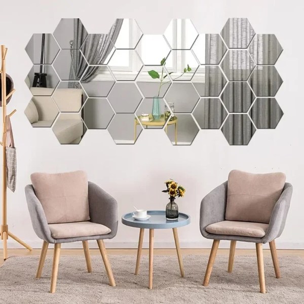 Hexagon Akrylspegel Väggdekal Akryllim Guld Silver Mosaikplattor Avtagbar gör-det-själv-badrum Heminredningsdekal S-Gold-40x70x80mm 48Pcs