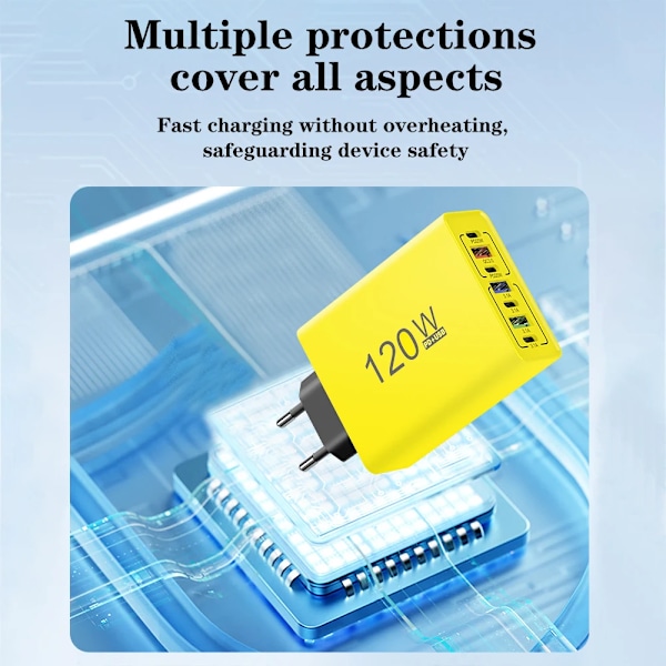 USB C Laddare Totalt 120W Multiportar Snabbladdning Telefon Strömladdare För iPhone Samsung Xiaomi Huawei EU US Väggladdare EU Yellow