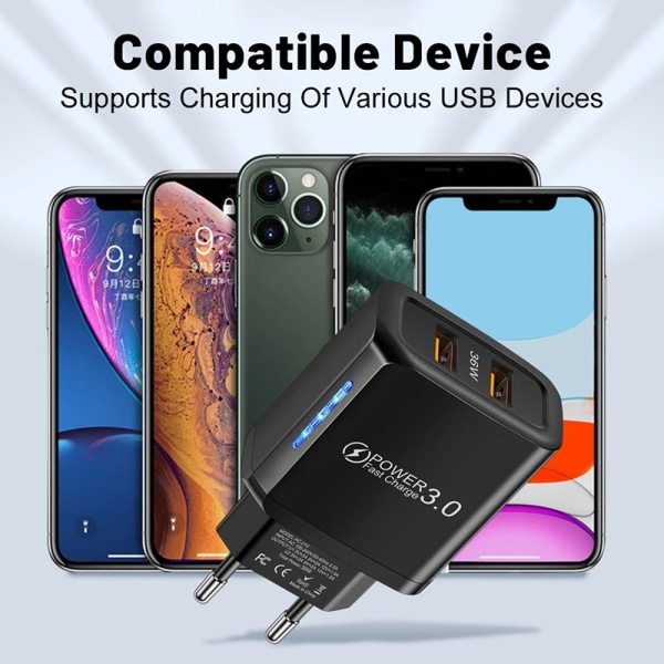 Bärbar telefonladdare USB för snabb laddning, 2 portar, 36W, universalladdare för iPhone 13, 12, Samsung, Xiaomi 2023, specialerbjudande Black-EU
