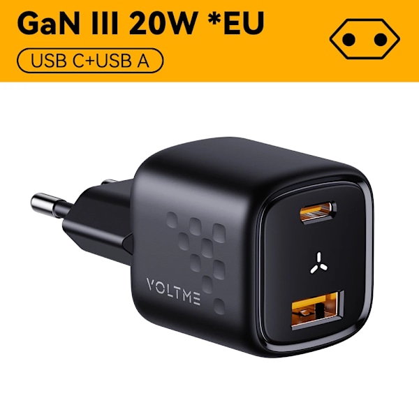 VOLTME USB C Laddare 20W Power Delivery + QC3.0 USB A Dubbel Port Snabbladdning för iPhone 15 14 13 12 Pro Max 20W CA EU Black