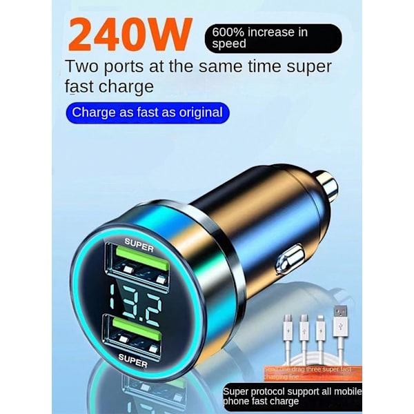6 I 1 Billaddare Med Digital Display - Usb Och 2 Pd Portar, Qc3.0 Snabbladdning, Universal Adapter Kompatibel Med Iphone, Samsung, Android, Black