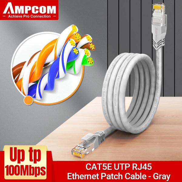AMPCOM-Câble Ethernet RJ45, Catinspectés Lan UTP och inspectés RJ 45, cordon de raccordement för modem router de bureau, ordinateur portable 1m CAT5E UTP Gray