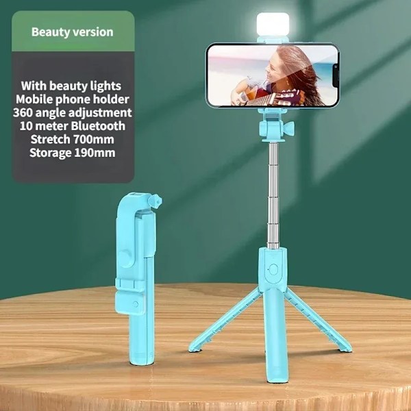 Selfie Stick Trådlöst Stativ med Lampa Bluetooth Fjärrkontroll Utdragbart Stativ för iPhone Mobiltelefon Tiktok Livestreaming Green With Lights