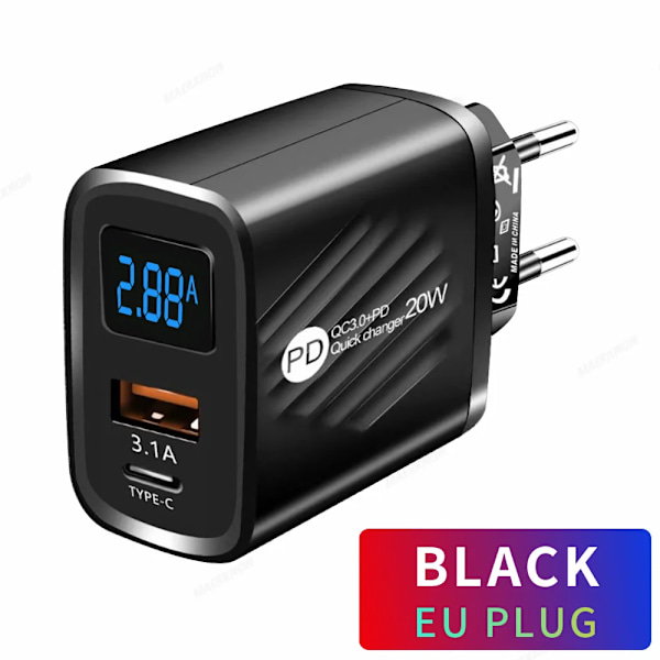 20W USB C Laddare PD Snabbladdning Mobiltelefonladdare Ström För iPhone Samsung Xiaomi Digital Display QuickCharge Kontakt EU Black