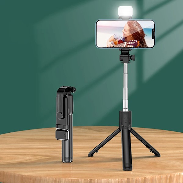 Allt-i-ett Portabelt Stativ för iPhone Selfie Stick med Fyllningsljus Utdragbart Telefonstativ för Tiktok Live BT Fjärrkontroll Black (With Light)