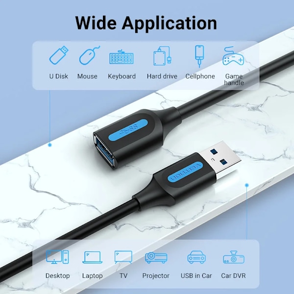 Vention USB 3.0 Förlängningskabel Hane till Hona Förlängningskabel Snabb USB 3.0 Kabel Förlängd för laptop PC USB 2.0 Förlängning USB 3.0 Black A13 2m