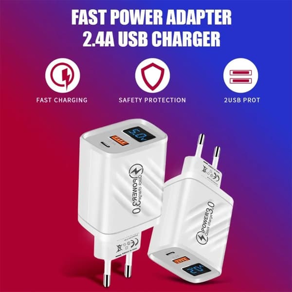 2USB Telefonladdare 20W 5V 2.4A Snabbladdningsadapter med Digital Display Quick Charge 3.0 EU US Standard För iPhone Android White-EU
