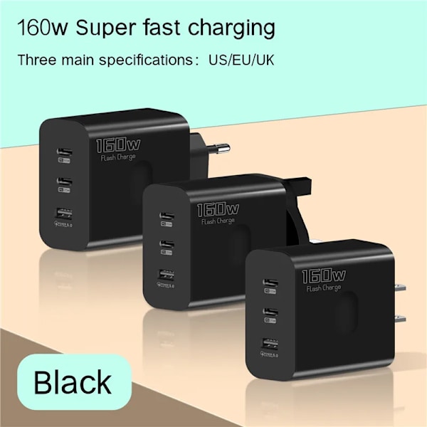 160W USB-laddare USB Typ C Snabbladdningsadapter Snabbladdning 3.0 PD Mobiltelefonladdare för iPhone Samsung Xiaomi Redmi OPPO Only EU Plug