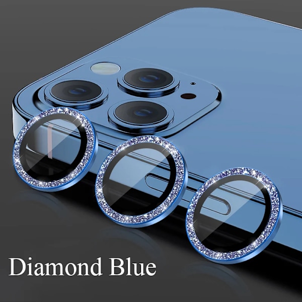 Kameraskydd för iPhone 11 12 13 14 15 Pro Max Mini 9H Härdat Glas Skärmskydd Film 14/15 Plus Metallring Diamond Blue 14 14Plus 15(2PCS)