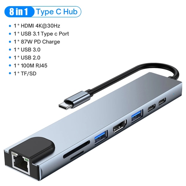 Airies USB 3.0 8 en 1 pour Macbook Lenovo Adaptateur för ordinateur bärbar PC Charge PD 8 portar Station S6 RJ45 HDMI-4K TF/SD Carte Type-C Splitt 8 In 1 CHINA