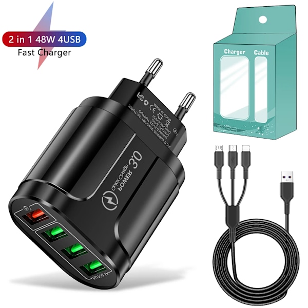 4 45W Laddare Snabbladdning QC 3.0 Laddning För iPhone 15 14 Samsung Xiaomi Mobil 4 Portar EU US Adapter Resa EU Charger and Cable