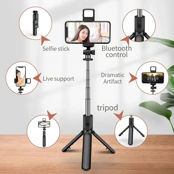 3-i-1 Bluetooth Trådlöst Selfie Stativ Med Fyllnadsljus Slutarfjärrkontroll Portabelt Vikbart Monopod För iPhone Smart Telefon black