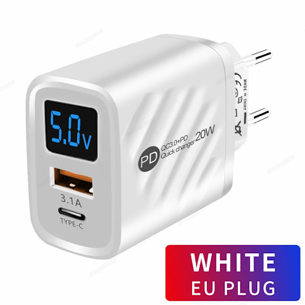 20W USB C Laddare PD Snabbladdning Mobiltelefonladdare Ström För iPhone Samsung Xiaomi Digital Display QuickCharge Kontakt EU White