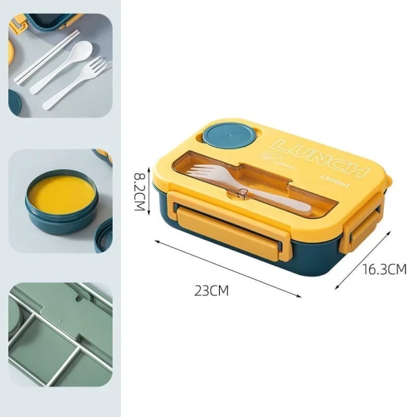 Fack 1300ML Bärbar Lunchlåda Barn Studenter Kontor Bento Box med gaffel och sked Mikrovågsugn Matförvaringsbehållare Yellow