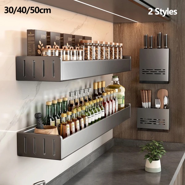 Väggmonterade kökssmaktillbehör Kryddställ Organizer Hylla Kök Förvaring Vägghylla Organizers Hängande krokställ för kök 50cm Grey Shelf Hook