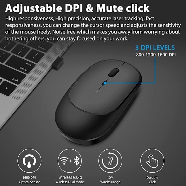 Trådlös mus, laddningsbar mus, spelmus, dubbla lägen, Bluetooth-kompatibel 2,4G USB, tyst mus för bärbar dator, surfplatta, Macbook, mus C with adapter