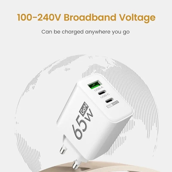 GaN Snabbladdning 65W Typ C USB Laddare EU KR PD 3.0 Snabbladdare Väggadapter För Telefon För iPhone 15 Xiaomi Huawei Samsung EU White