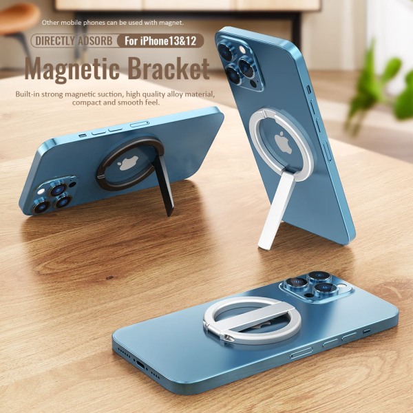 Magsafe Magnetic Stand Mini Alloy Bärbar hopfällbar Bordshållare Fäste För iPhone 13 14 15 Series Magsafe Case För Alla Telefoner Black