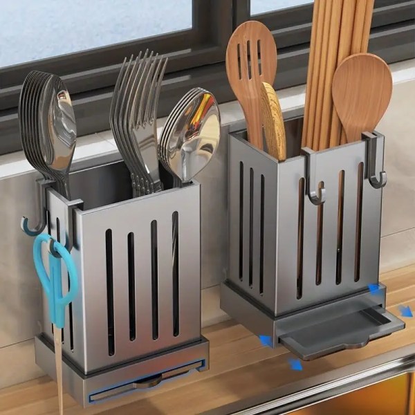 1-delad köksredskapsställ - multifunktionell tömningspinnehållare, väggmonterad eller fristående förvaringslåda för bestick, plast Elegant Black