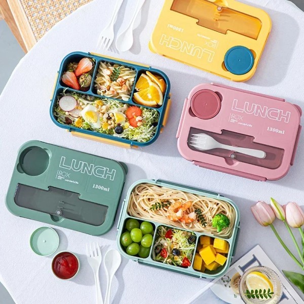 Fack 1300ML Bärbar Lunchlåda Barn Studenter Kontor Bento Box med gaffel och sked Mikrovågsugn Matförvaringsbehållare Green