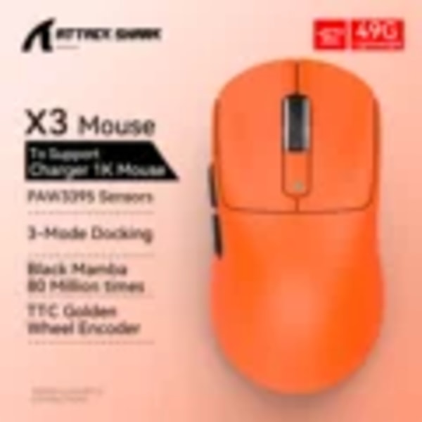 X3 Gaming Mus Trådlös ATTACK SHARK Röd Färg 4K Returer,Bluetooth Tri-Mode Anslutning,PAW3395,Makro Bluetooth Mus Gaming X3 Orange