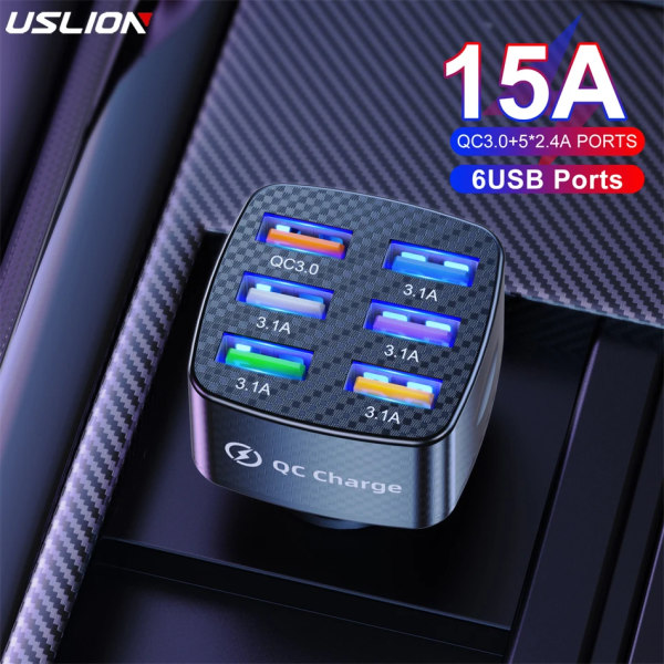 75W 6-portars billaddare Snabbladdning 3.0 15A USB -laddare för iPhone 1411 Pro Samsung Xiaomi Huawei Mobiltelefonladdare