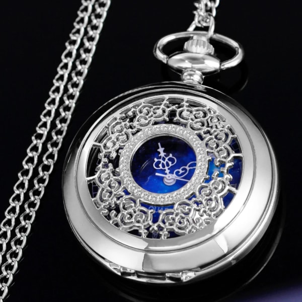 Watch Hollow Blue Starry Sky Urtavla romerska siffror Kvarts Fickur med halsband Jul Födelsedagspresenter silver 1