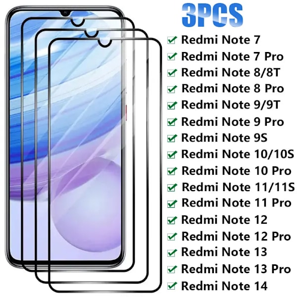 3 st Fullständigt Härdat Glas för Xiaomi Redmi Note 7 8 9 10 Pro 8T 9T 9S 10S 11S Skärmskydd För Redmi Note 11 12 13 Pro 14 5G For Note 8 3PCS Black Glass