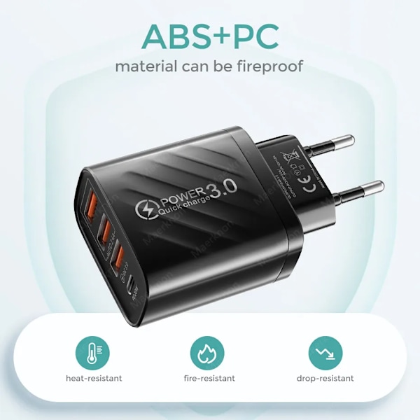 48W USB-laddare 4 Portar ny Snabbladdning QC 3.0 För Samsung Xiaomi mi10 Huawei Laddare För Smartphones PD Snabbladdning White EU