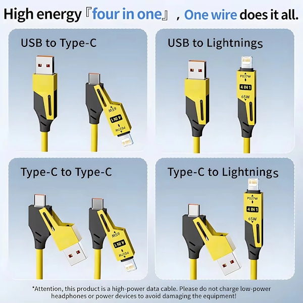 NNBILI 65W 6A Spiralkabel USB-C 4-i-1 Snabbladdning för iPhone 16 15 14 13 12 Pro Max Samsung Multi-Enhet Tålig Kabel Yellow 1.5m