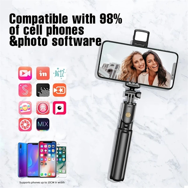 Selfie Stick Trådlöst Stativ med Lampa Bluetooth Fjärrkontroll Utdragbart Stativ för iPhone Mobiltelefon Tiktok Livestreaming White With Lights