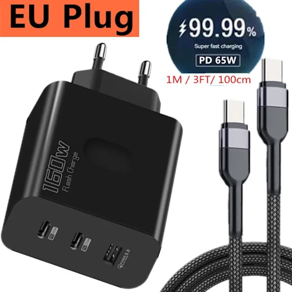 160W USB-laddare USB Typ C Snabbladdningsadapter Snabbladdning 3.0 PD Mobiltelefonladdare för iPhone Samsung Xiaomi Redmi OPPO EU Plug 1M Cable