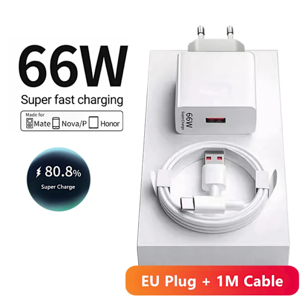 6A 66W Supersnabb EU Väggladdare för Huawei Mate 40 50 60 P50 Nova 8 9 10 Honor 90 100 X7 X8 X9 Magic Typ C Laddnings-USB-kabel EU Plug - 1m Cable