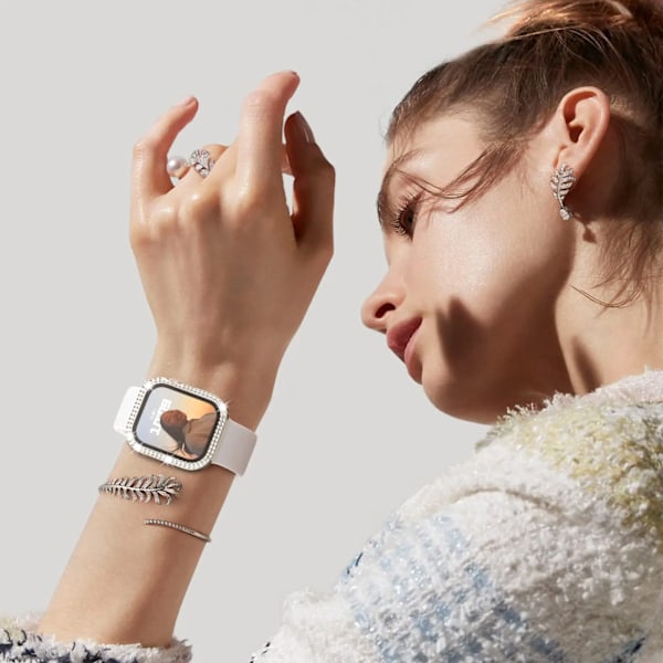 Glas+Diamant Skal För Apple Watch Fodral 46mm 40mm 44mm 41mm 42mm 45mm Bling Stötfångarskydd iWatch Serie 10 9 se 5 6 7 8 skal silver 42mm series 3 2 1