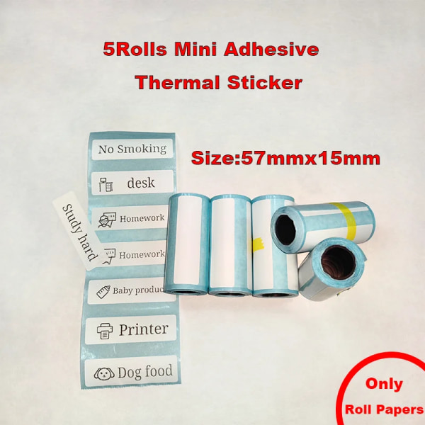 Roligt print bärbara thermal självhäftande klistermärken Fotoskrivare HD Mini Bluetooth 57*25 mm Tillbehör 2d Etikettmaskin för telefon 5Rolls Label Sticker