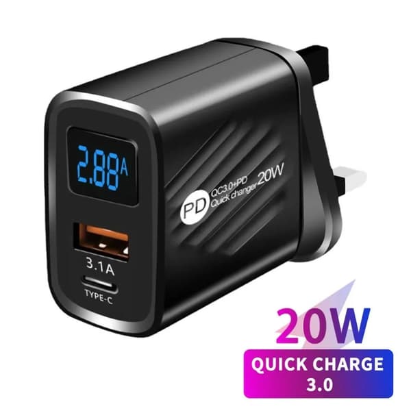 2USB Telefonladdare 20W 5V 2.4A Snabbladdningsadapter med Digital Display Quick Charge 3.0 EU US Standard För iPhone Android Black-EU