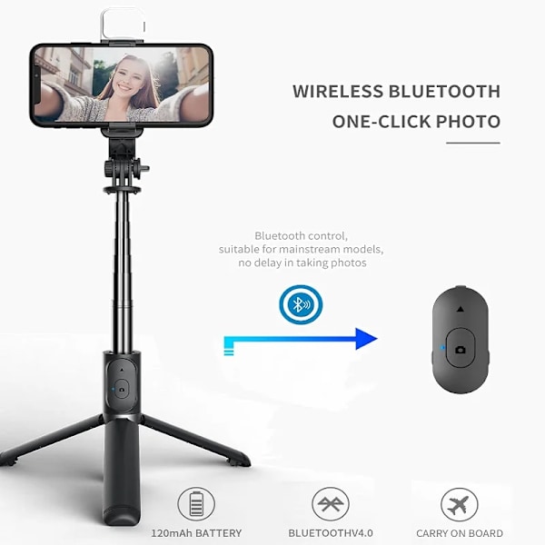 Bärbart Selfie Stick Stativ Utdragbart Trådlöst Bluetooth Fjärrkontroll Bärbart Smartphone Stativ Fäste för Ios Android Telefon Q02S White