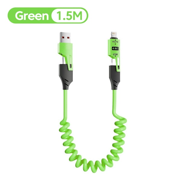 NNBILI 65W 6A Spiralkabel USB-C 4-i-1 Snabbladdning för iPhone 16 15 14 13 12 Pro Max Samsung Multi-Enhet Tålig Kabel green 1.5m