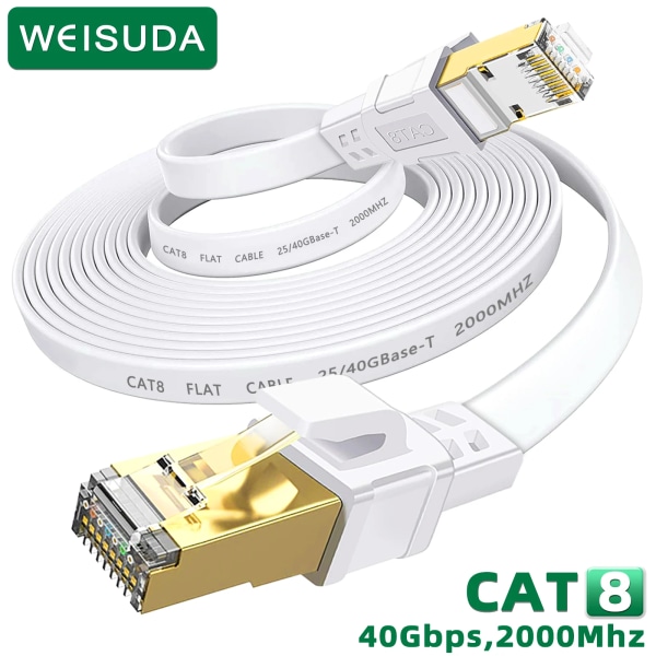 Kabel Ethernet Cat 8, 40Gbps, 2000MHz, haute vitesse, réseau Internet Rj45, 5m, 10m, 15m, 20m, 30m, avstängningsskydd, LAN-rätt 10m Cat 8 Flat White