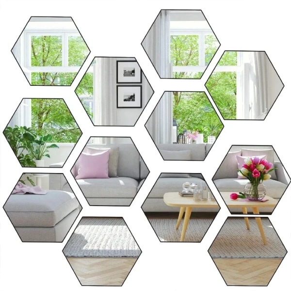 24/6 st 3D-spegel väggdekal hexagon akryl självhäftande mosaik kakel dekaler Avtagbar väggdekal Gör-det-själv Heminredning Konstspegel Red-12pcs S-80x70x40mm
