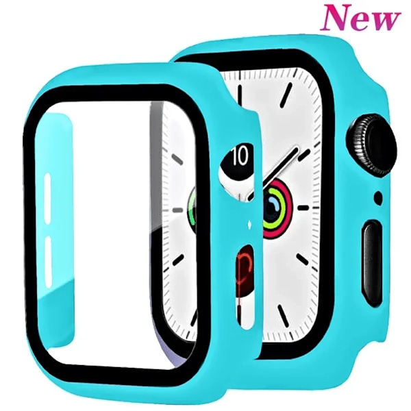 Glas+skal för Apple Watch Fodral 40mm 44mm 38mm 42mm stötfångare Skärmskydd för Apple Watch Tillbehör 9 8 7 6 5 4 3 41mm 45mm Cyan blue 10 Series 7-8-9 41mm